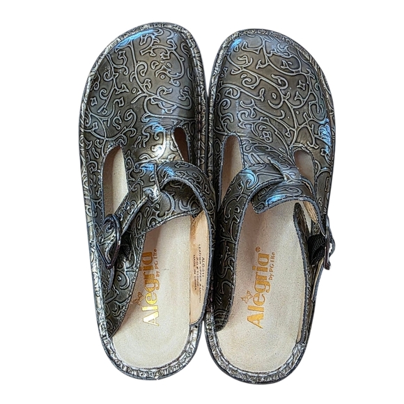 Alegria by PG Lite Leather Mary Jane Sandals Bronze Embossed Floral EU 37 - Picture 2 of 8